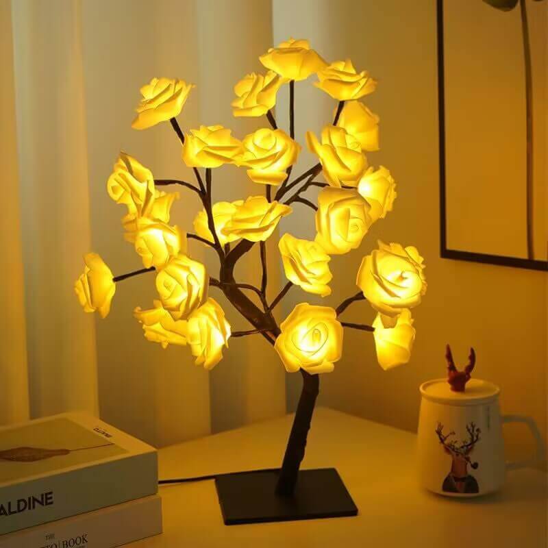 Christmas Decorative Night Light featuring a charming 3D rose lamp with warm yellow glow and flexible branches.