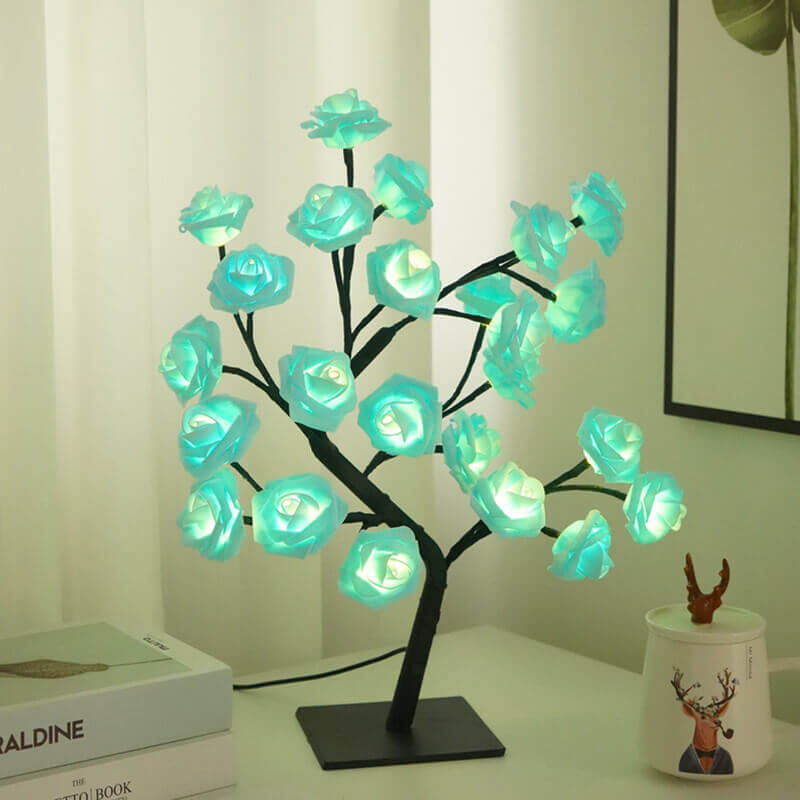 Christmas Decorative Night Light with glowing blue roses on a flexible branches lamp.
