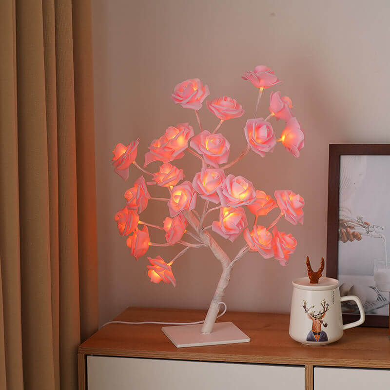 Christmas Decorative Night Light featuring a beautiful 3D pink rose lamp illuminating a cozy indoor space.