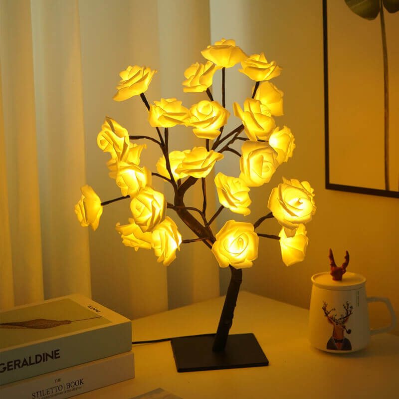 Christmas Decorative Night Light featuring a charming 3D rose lamp with soft yellow glow, perfect for festive decor.